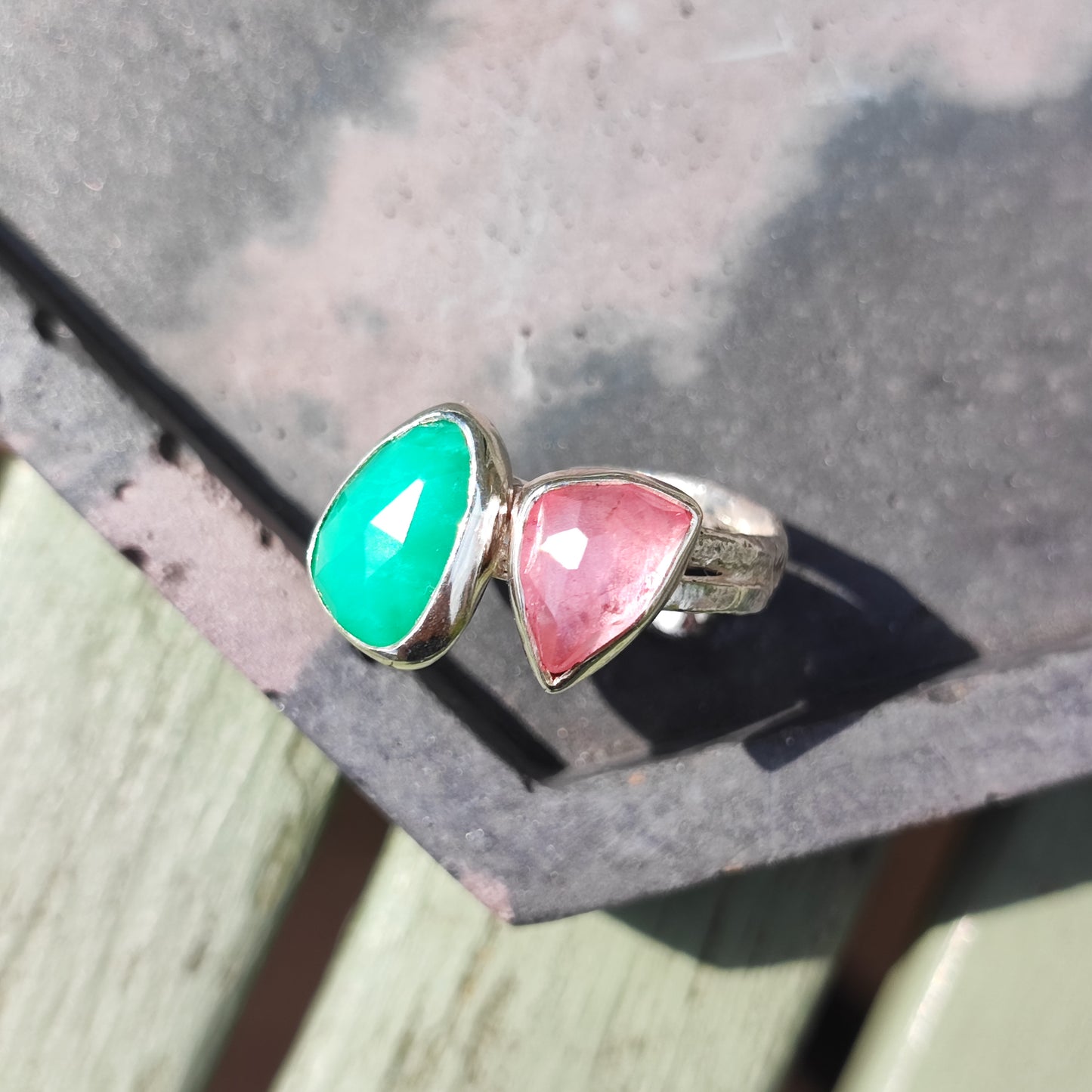 Double 'Juicy' Tourmaline and Chrysoprase Ring