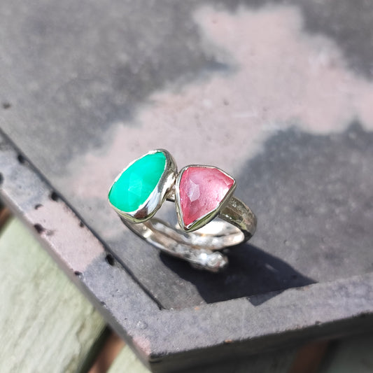 Double 'Juicy' Tourmaline and Chrysoprase Ring