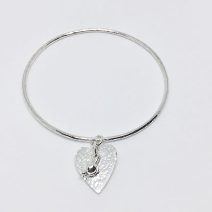 Solid Hammered Heart and Bead Bangle